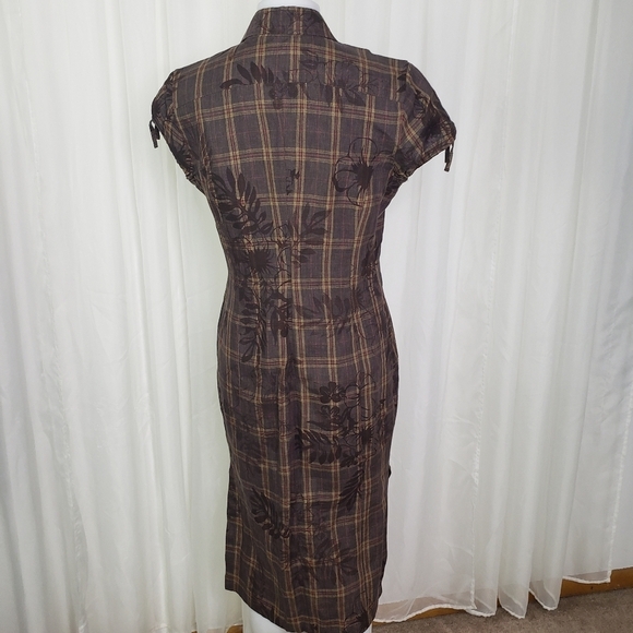 Falconnable brown plaid and floral linen button down dress cap sleeve with tie M - Picture 6 of 7